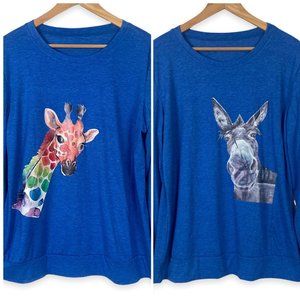 Giraffe and Donkey Long Sleeve Tops Size 2X/XXL Blue Crew Neck